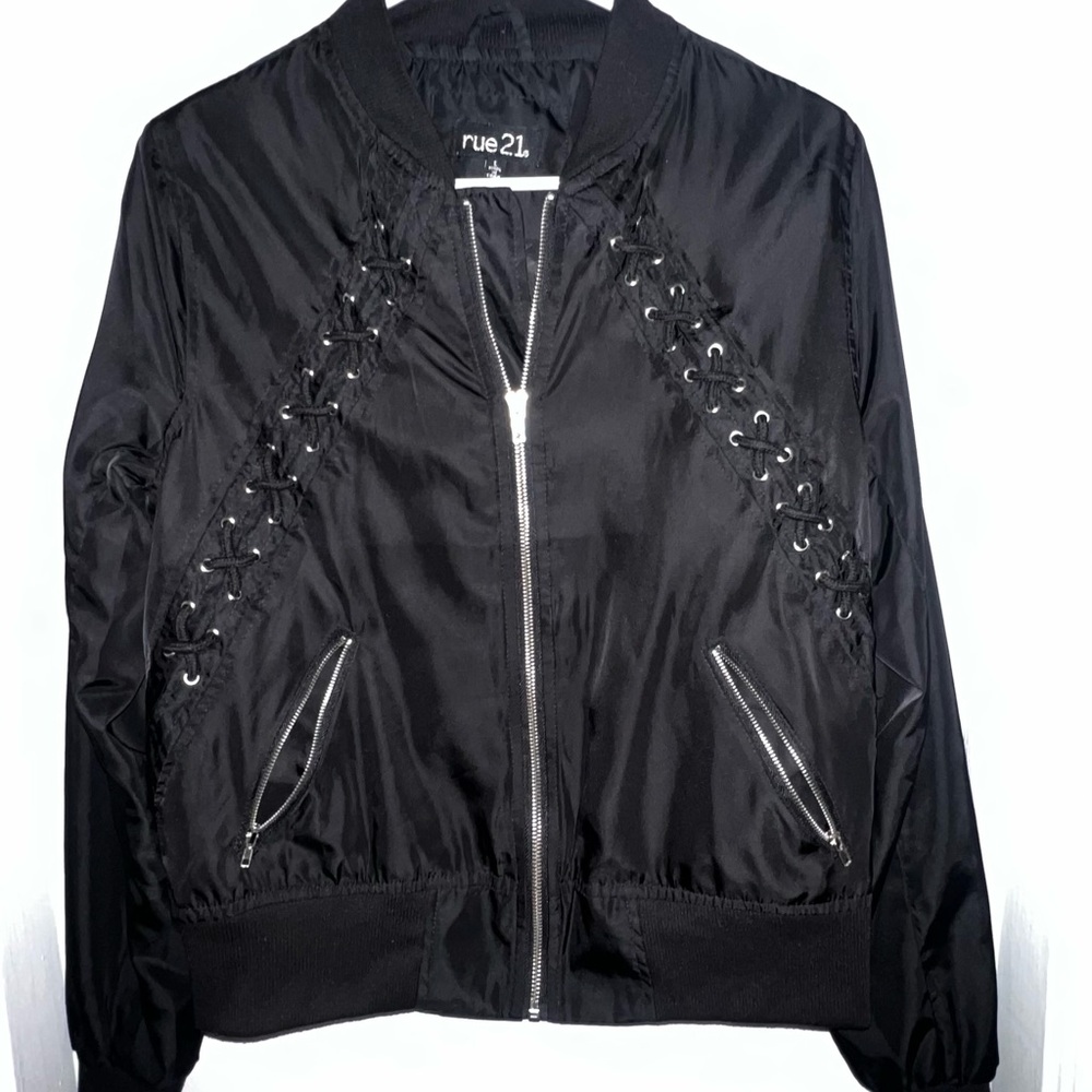 Rue21 Black Bomber Jacket with Lace-Up Detail